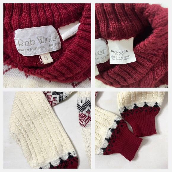 Vintage Maroon Cream Fair Isle Acrylic Knit Pullover Sweater Sz Small - Picture 4 of 14